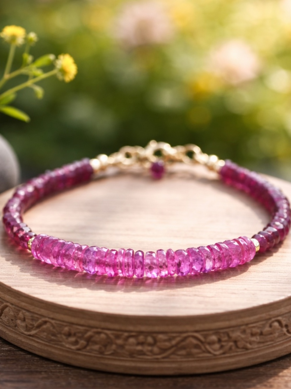 New Natural Rhodolite Garnet Purple Sapphire Bracelet Solid 14K Gold 585